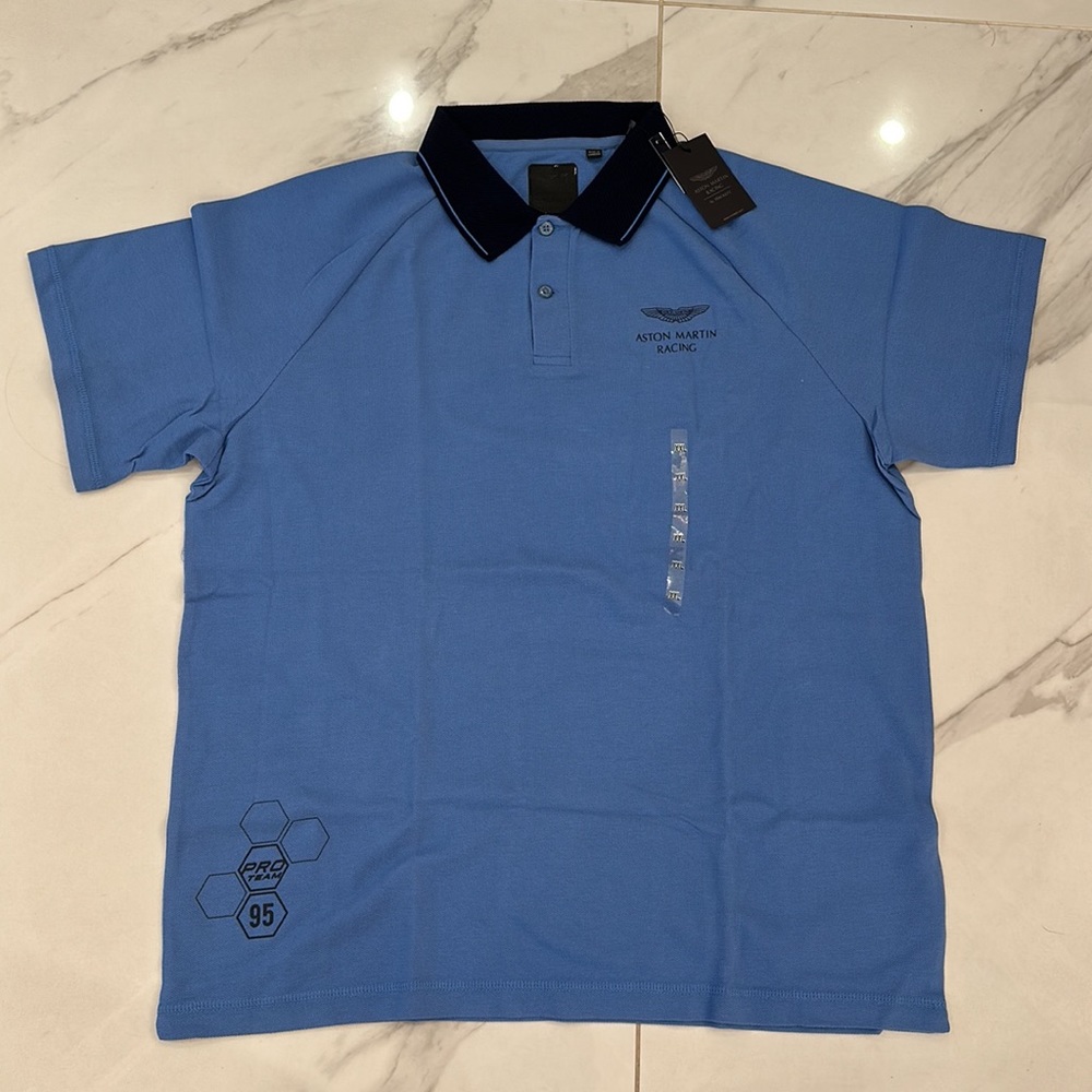 Hackett Aston Martin Racing blue polo shirt.